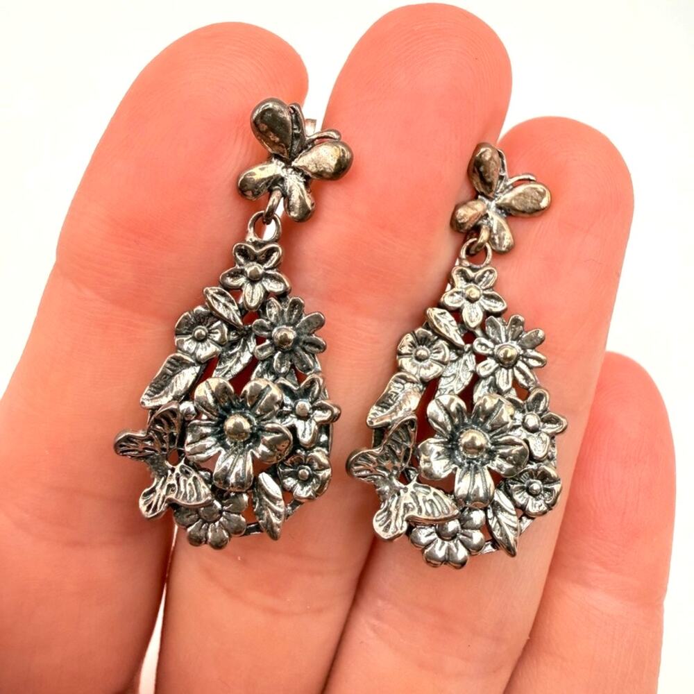 Signed PZ Israel 925 Sterling Silver Floral Butterfly Repousse Dangle Earrings